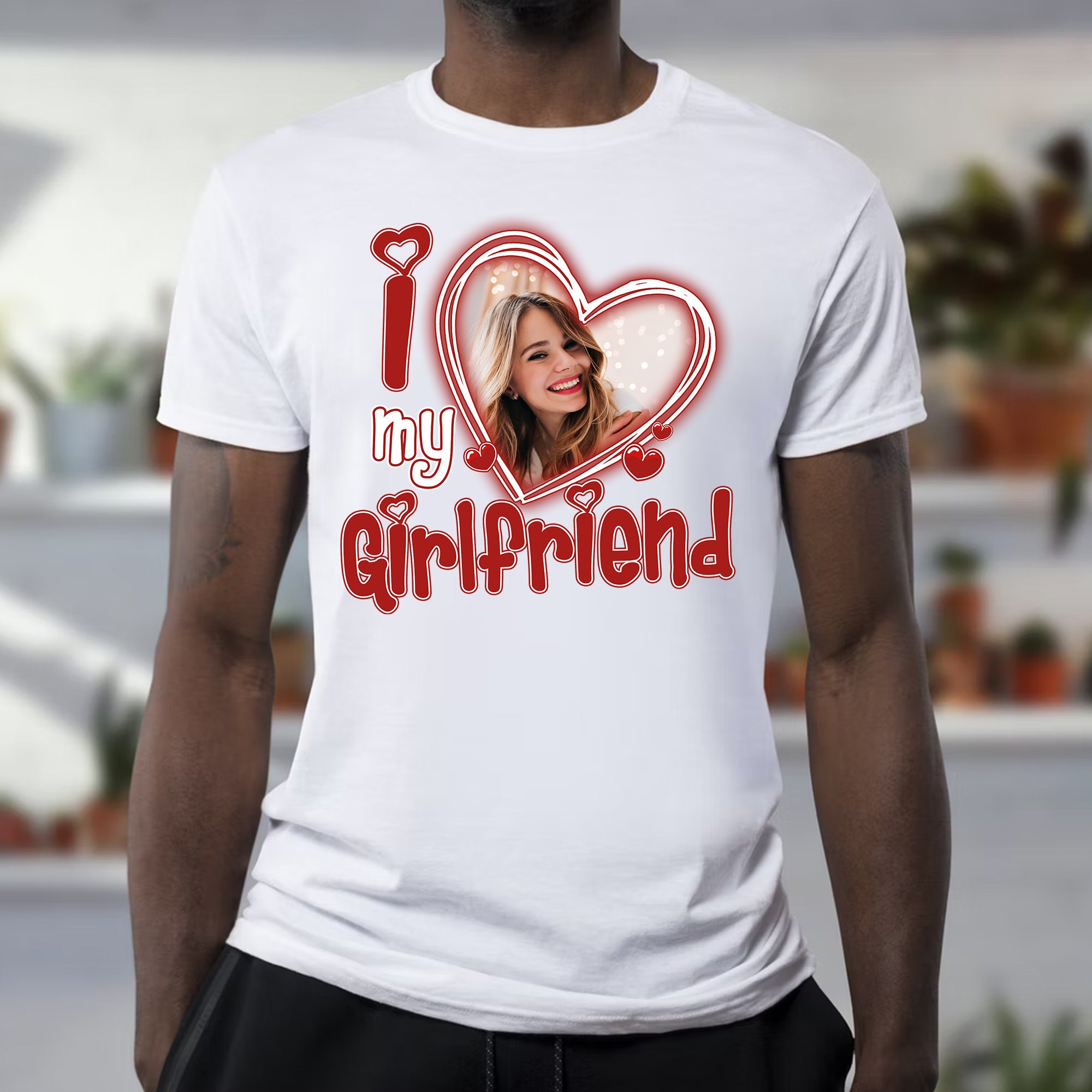 I Love My Girlfriend Custom Photo T-Shirt, Personalized Heart Design, Soft Fabric, Gift for Any Occasion