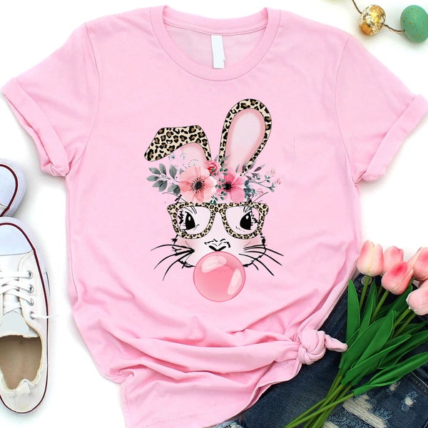 Bunny with Leopard Glasses shirt, Easter shirt, Easter bunny graphic tee, Easter shirts for women,Ladies Easter Bunny,Bubble Gum Bunny Tee