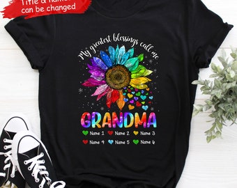 Personalized Grandchildren Grandma Shirt, Leopard Butterfly Sunflowers Nana Shirt, Custom Kids Name Shirt, Gifts Gigi, Mother's Day Gift H5r