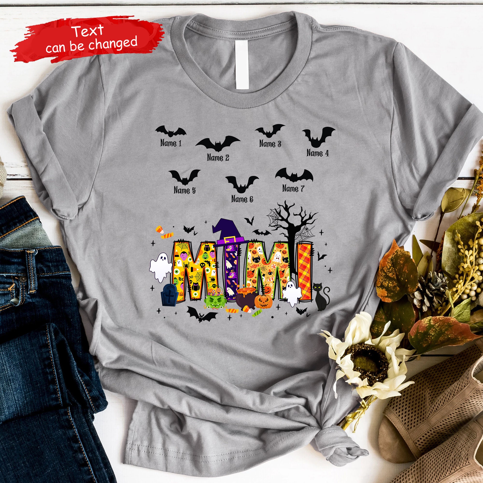 Discover Personalized Nana Halloween Shirt, Halloween Grandma Bats Ghost Pumpkin Bat, Custom Mimi Nana Grandma Mom Shirt