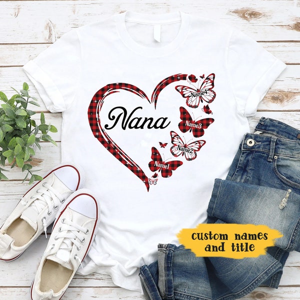 Personalized Grandchildren Grandma Shirt, Heart Plaid pattern shirt, Custom Kids Name Shirt, Butterfly Lovers Shirt, Gifts for Nana Shirts