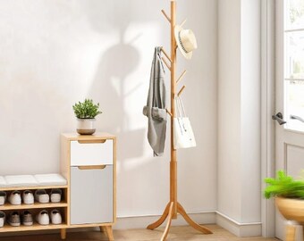 Handmade Bamboo Freestanding Coat Rack With 8 Hooks | Hat Rack | Modern Coat Rack | Coat Hanger | Bathroom Towel Rack | Housewarming Gift