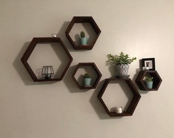 Set of 5 Wood Hexagonal Shelves | Honeycomb Shelves | Rustic Wall Shelves | Display Shelves | Geometric Shelves | Home Decor