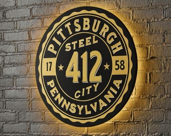Letrero de Pittsburgh 412, decoración de pared de Pittsburgh, letrero de acero de la ciudad, letrero de pared de Pensilvania, luz con el logotipo de la ciudad, decoración de pared para bar, letrero iluminado 412