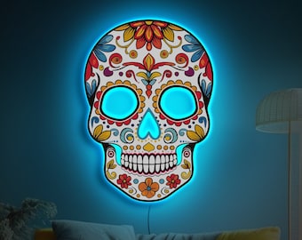 Letrero de neón de calavera de azúcar, Letrero luminoso de neón de calavera de azúcar, Letrero de neón mexicano, Letrero de calavera de calavera, Decoración de pared de calavera, Arte de pared de calavera de azúcar, Decoración mexicana