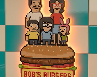 Bobs Burgers LED Poster, Pixel Art Wall Decor, Retro Gaming Wall Art, Cartoon Poster LED, Bobs Burgers Gift, Geek Room Decor, Pixel Art Sign