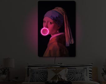 Arte LED de La joven de la perla, luz de pintura famosa, decoración de pared artística, letrero LED de pared, decoración inspirada en museos, regalo para amantes del arte