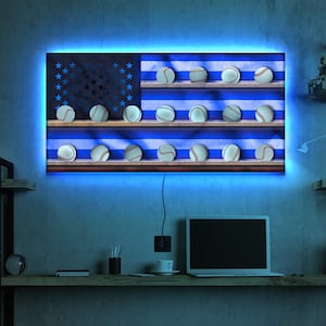 Baseball-Anzeige mit amerikanischer Flagge, Baseballhalter für Wandleuchte, Baseball-Rack geführt, Baseball-Wandregal, Baseball-Vitrine, Baseball-Aufbewahrung