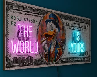 Arte mural de dólares, arte mural de dinero, arte mural masculino, arte mural LED de dinero para comerciantes, letrero de neón "El mundo es tuyo", letrero de neón con cita, póster de lujo para pared