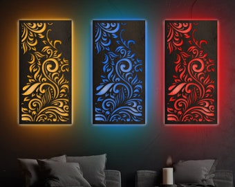 Lámpara de pared de madera, Arte de pared con LED, Panel de arte de madera con LED, Lámpara de pared de panel, Conjuntos de arte de pared de panel, Lámpara de pared con flores