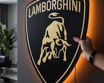 Letrero de pared Lamborghini, luz LED Lamborghini, luz decorativa de pared con el logotipo del coche, letrero de pared de coche de lujo, letrero LED para garaje, luz decorativa de pared de superdeportivo