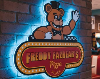 Letrero de pared de Freddy Fazbear, decoración de Five Nights at Freddy's, letrero de pizzería de FNAF, decoración de Freddy Fazbear, letrero de pared para sala de juegos, letrero luminoso