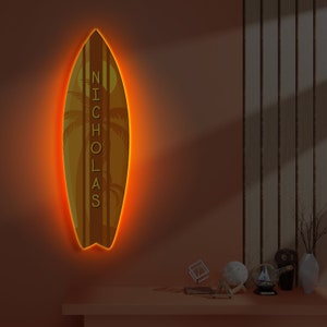 Surfboard name sign light, Surfboard lamp, Surfboard wall art nursery, Surfboard neon sign, Surfboard wall decor, Custom surf board sign