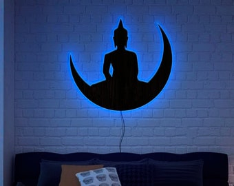 Buddha Wandbild mit LED, Buddha Lampe, Buddha Licht, Buddha LED-Schild, Buddha Wandkunst aus Holz, Buddha Wanddekor, Buddha Wandbehang
