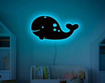 Whale wall lamp, Whale wall decor, Whale wall light, Whale led sign, Kids room light, Kids room lamp, Lighted whale Wood sign with led