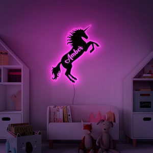 Eenhoorn led-bord, aangepast eenhoorn led-bord, naambord oplichten, naambord voor kindermeisje geleid, led-lichtbord voor muur, kinderkamerlicht