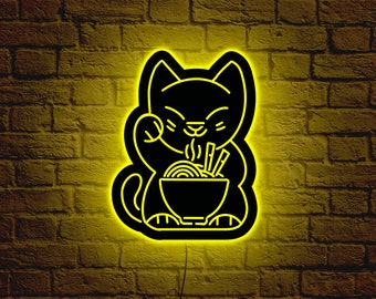 Letrero de neón Maneki neko, Letrero de neón Ramen, Luz de neón Ramen, Letrero de neón Maneki neko, Letrero de neón Gato de la Suerte, Letrero LED Anime, Letrero de neón Anime