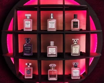 Estante expositor de perfumes, organizador de fragancias de pared, estante redondo de madera con LED, estante para aceites esenciales, decoración de pared para almacenamiento de perfumes