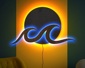 Letrero LED de olas al atardecer, Letrero luminoso de olas, Luz de neón de sol, Letrero luminoso de amanecer, Decoración de pared iluminada de sol y olas, Arte de pared de madera iluminado