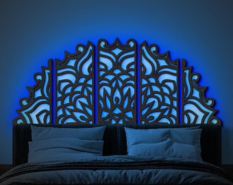 Arte mural LED Mandala, luz para cabecero de cama King, cabecero de cama Queen, decoración boho para encima de la cama, cabecero boho, arte neón Mandala