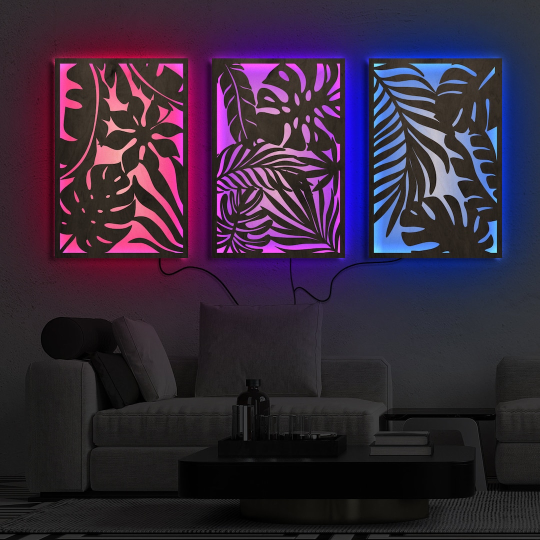 Tropical Leaf Wood Wall Art Lights, Monstera Wood Wall Art Led, Boho