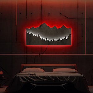 Arte da parete illuminata dalla montagna, arte da parete in legno di montagna led, insegna al neon di montagna, luce notturna di montagna, lampada da montagna, arte da parete della foresta di montagna