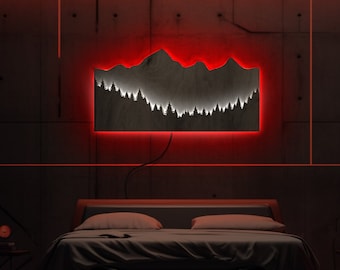 Arte da parete illuminata dalla montagna, arte da parete in legno di montagna led, insegna al neon di montagna, luce notturna di montagna, lampada da montagna, arte da parete della foresta di montagna