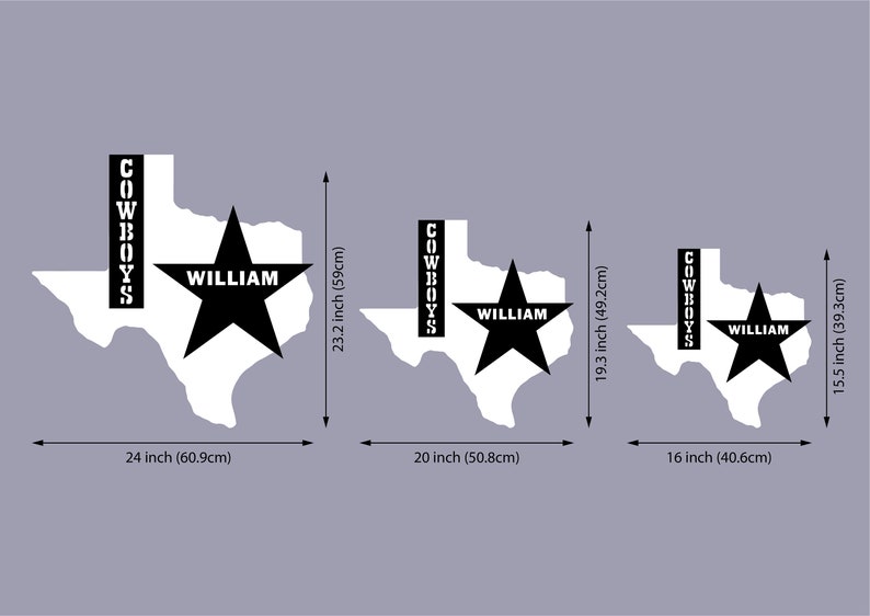 May include: Three different sizes of white Texas state outline decals with a black star and the word "WILLIAM" inside the star. The word "COWBOYS" is written vertically on a black rectangle to the left of the star. The largest decal is 24 inches wide and 23.2 inches tall. The medium decal is 20 inches wide and 19.3 inches tall. The smallest decal is 16 inches wide and 15.5 inches tall.