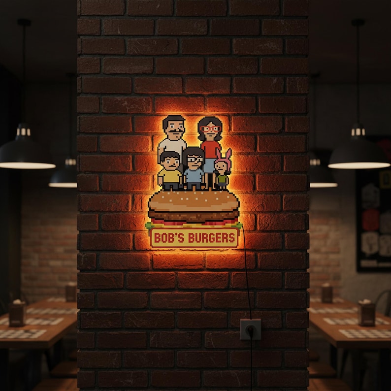 May include: A pixelated illuminated sign featuring the Bob's Burgers family atop a burger. The sign is rectangular with the text "BOB'S BURGERS" at the bottom. The sign is mounted on a brick wall in a restaurant setting.