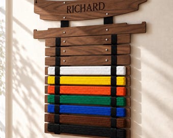 Personalized Karate Belt Display Rack, Martial Arts Belt Holder, Wooden Taekwondo Belt Display, Wall Mounted Belt Organizer Gift