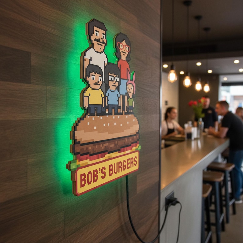 May include: A pixelated Bob's Burgers sign with the Belcher family atop a burger. The sign is illuminated with green light and has the text "BOB'S BURGERS" on a red and yellow sign.