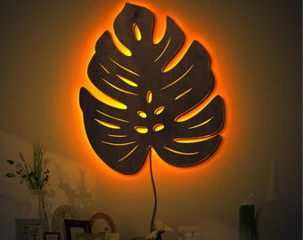 Arte LED de madera con hojas de monstera, neón de madera con hojas de monstera, panel de pared con luz nocturna de monstera, arte de pared tropical iluminado, decoración de pared con luces de plantas