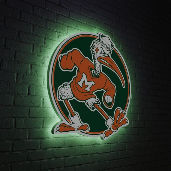 Miami Hurricanes Wall Sign, Sebastian the Ibis Decor, Hurricanes Man Cave Gift, UM Sports Bar Sign, Miami Football LED Logo Light