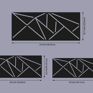 May include: Three black geometric wall decor panels with a white line design. The panels are 24 inches by 10.1 inches, 20 inches by 8.3 inches, and 18 inches by 7.5 inches.
