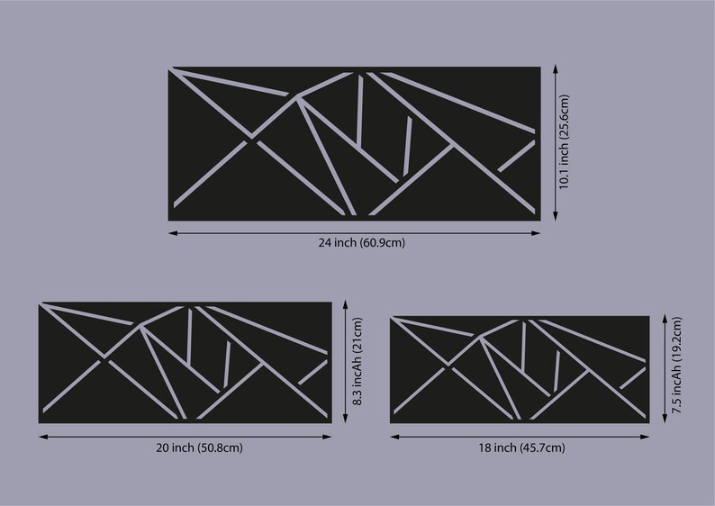 May include: Three black geometric wall decor panels with a white line design. The panels are 24 inches by 10.1 inches, 20 inches by 8.3 inches, and 18 inches by 7.5 inches.