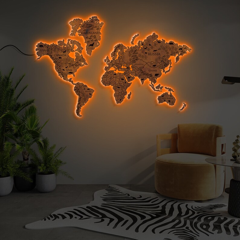 World Map Led, World Map Light, World Map Neon Sign, Map Lamp, Map Wall ...