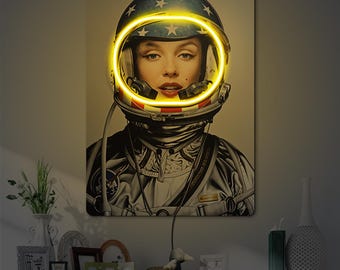 Astronaut neon sign, Merlin Monroe neon sign, Woman neon sign, Neon poster, Neon art sign, Neon artwork, Modern neon sign,Astronaut wall art