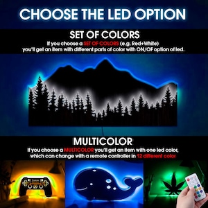 May include: An illuminated wall art piece with a mountain and forest silhouette. The text "CHOOSE THE LED OPTION" is at the top. Options include "SET OF COLORS" and "MULTICOLOR". Examples of the LED options are shown below.