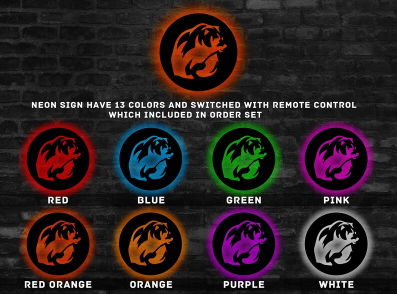 May include: A neon sign with a bear design in 13 different colors, including red, blue, green, pink, red orange, orange, purple, and white. The sign is controlled by a remote control.