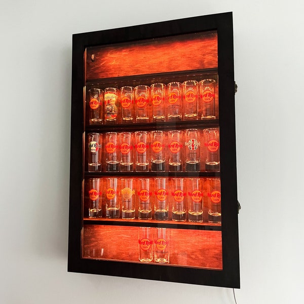 Personalized shotglass display light, Shot glass cabinet with led, shot glass display case with door, Shot glass organizer led