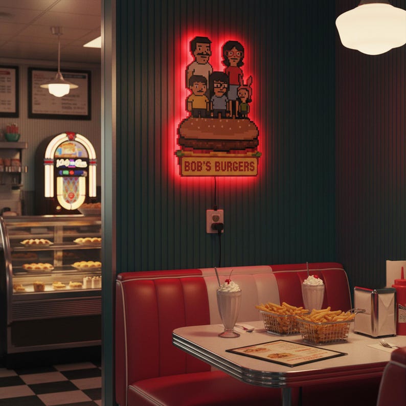 May include: A neon sign featuring the Bob's Burgers family atop a pixelated burger. The sign is red and mounted on a teal wall. The scene includes a diner booth with red and white seating, a table with fries, and a milkshake.