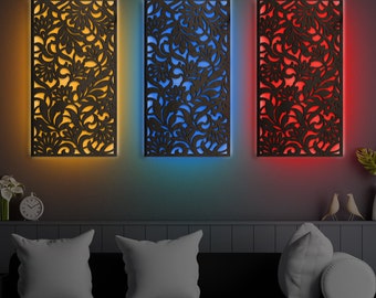 Decoración de pared estilo boho con paneles de madera y luces LED, paneles de pared iluminados, juego de 3 paneles de pared LED, arte de pared con luces, arte de pared con paneles de madera y neón, paneles de neón para decoración de paredes