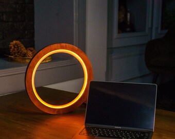 Circle wooden led lamp, Round neon table light, Minimalist led desk decor, Wood tabletop night lamp, Circle neon accent, Round light sign