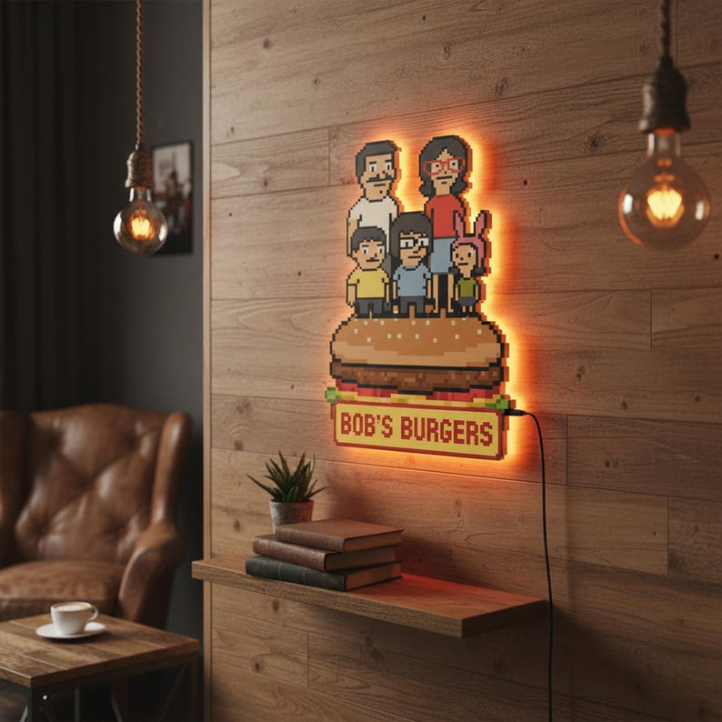 May include: A pixelated LED sign featuring the Bob's Burgers family standing atop a burger. The sign has an orange glow and the words "BOB'S BURGERS" are displayed below. The sign is mounted on a wooden wall.