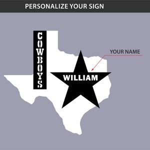 May include: A white outline of the state of Texas with a black star in the center. The star has the word "WILLIAM" written inside. The word "COWBOYS" is written vertically on the left side of the image. The text "YOUR NAME" is written in red at the top right of the image.