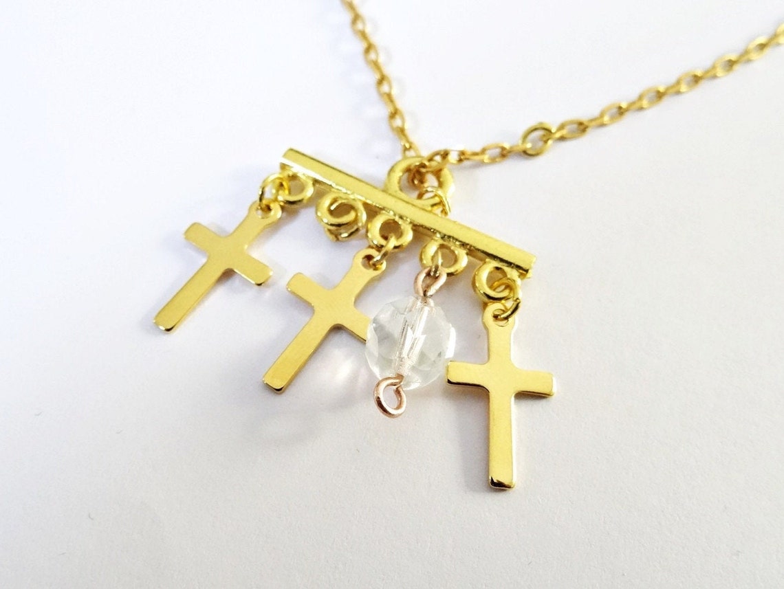 Cross Necklace Triple Cross Necklace Three Gold Crosses Etsy