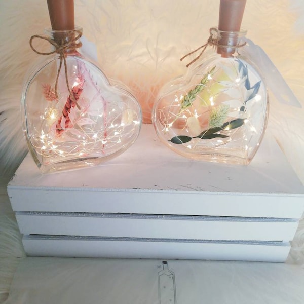 Hochzeitsgeschenk|𝔽𝕝𝕠𝕨𝕖𝕣 𝔹𝕠𝕥𝕥𝕝𝕖 "Herz" Mint&Rosa -optional mit Lichterkette-Hochzeitsdeko-Geschenkidee-Trockenblumen im Glas