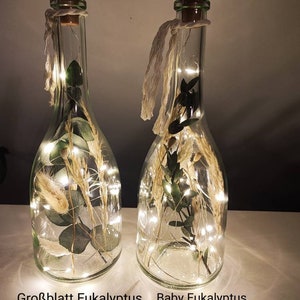 May include: Two clear glass bottles with cork stoppers, filled with dried plants and fairy lights. The bottles have a rustic aesthetic, with twine accents. The text at the bottom reads "Gro&szlig;blatt Eukalyptus" and "Baby Eukalyptus".