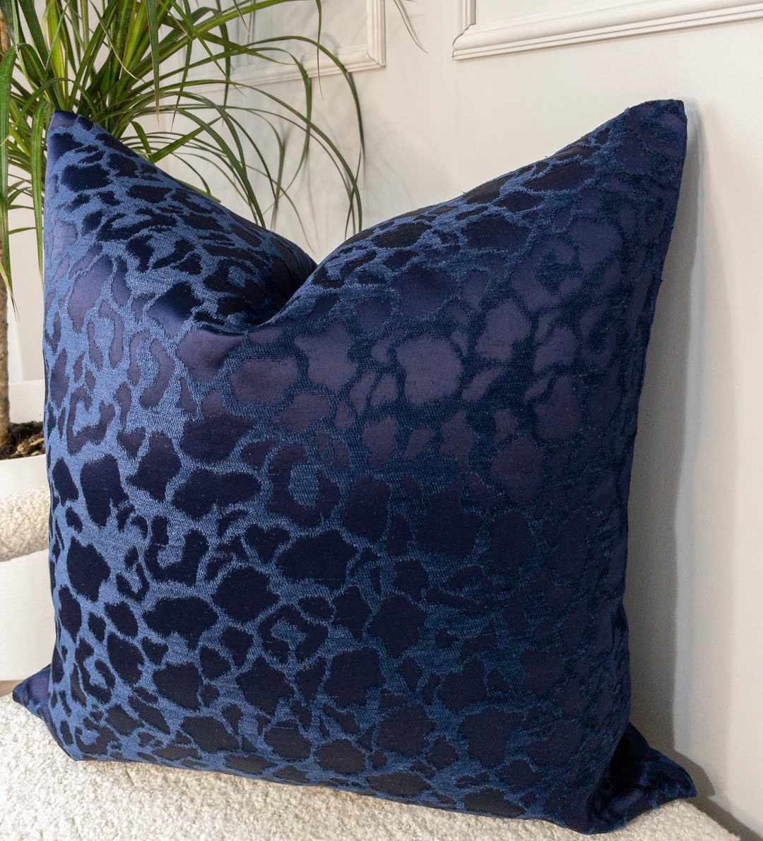 Navy Blue Leopard Print Velvet Pillow Cover, Blue Animal Velvet Pillow