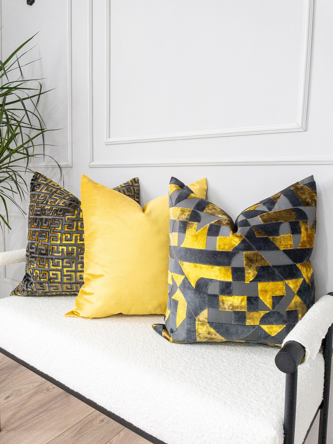 Mustard Yellow Gray Geometric Pillow Cover Soft Textured Cud Etsy
